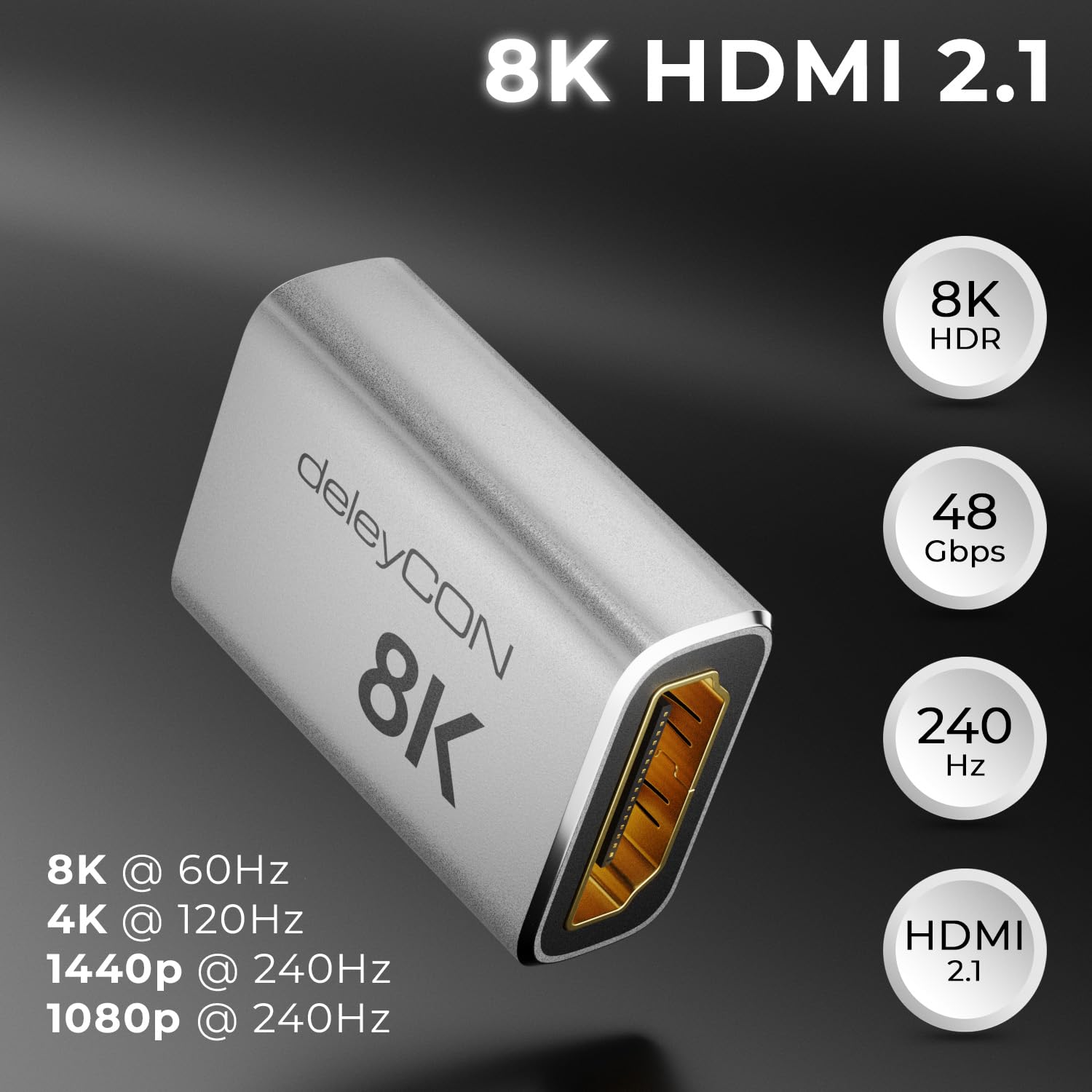 deleyCON 2 Pezzi Giunto HDMI 2.1 8K (48G, Ultra High Speed) Adattatore Accoppiatore 8K@60Hz 4K@120Hz 2K@144Hz/165Hz EARC HDCP 2.3/2.2 DTS:X per HDR Dolby Atmos TV PS5 Xbox Soundbar Monitor - Argento