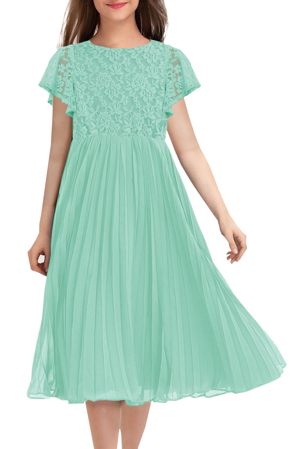 HOSIKA Flower Girl Dress Elegant Vintage Lace 3/4 Sleeve A-Line Pleated Formal Wedding Party Dress