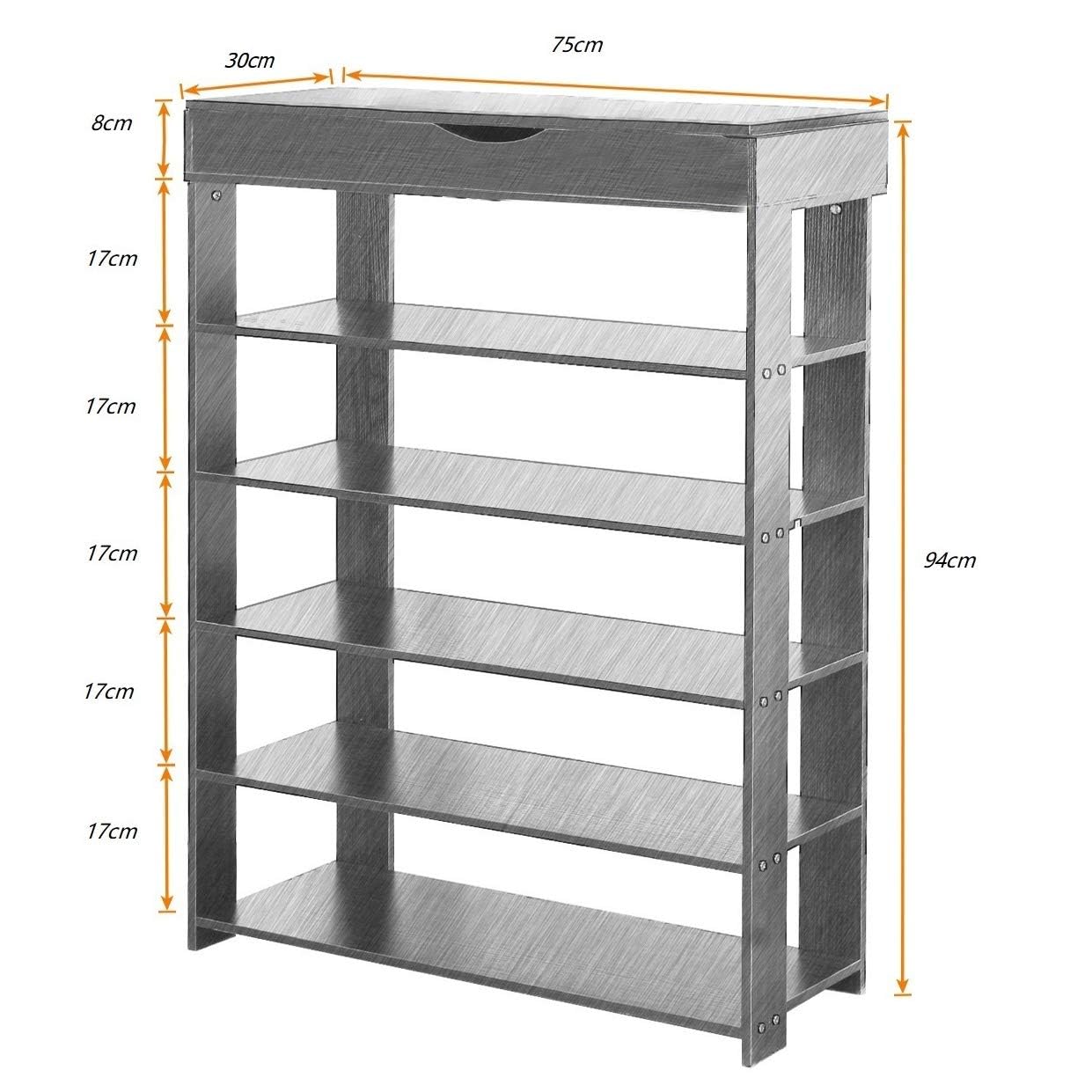 SogesPower Zapatero de 5 estantes, Zapatero de almacenamiento de madera, Organizador de zapatos, Zapatero de entrada, con Gabinete Superior, 75 x 30 x 94.5 cm, Teca