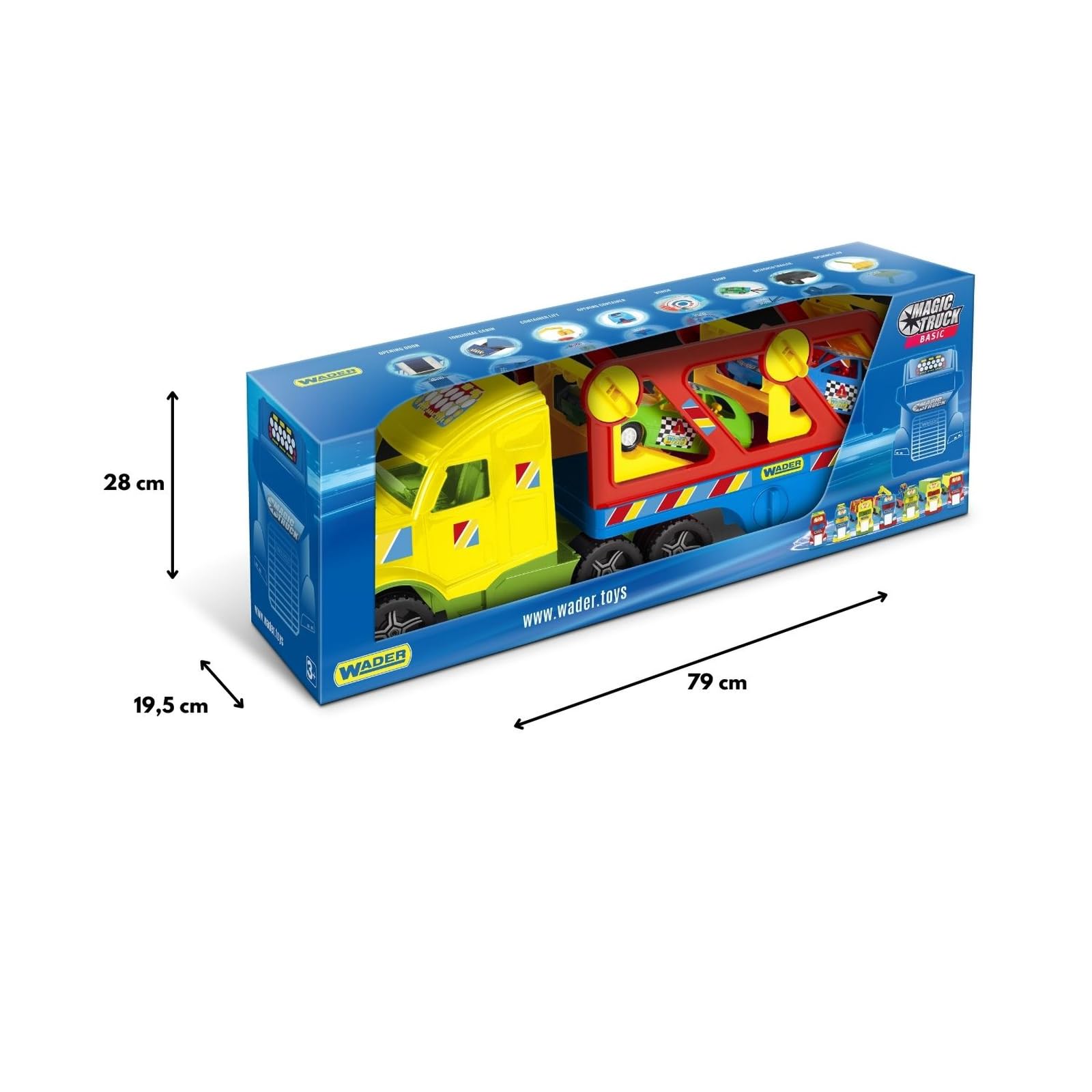 Wader 36361 - Magic Truck mit Zwei Autos und Rampe, Größe ca. 59,5 cm, für Kinder ab 3 Jahren, geeignet als Geschenk für kreatives Spielen