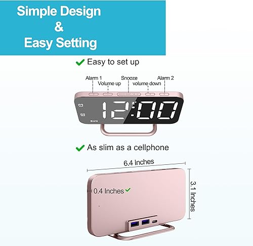 Miniatura 6 de Reloj de alarma LED digital delgado, superficie de espejo para maquillaje, con atenuación, pantalla grande, configuración fácil, puertos USB,