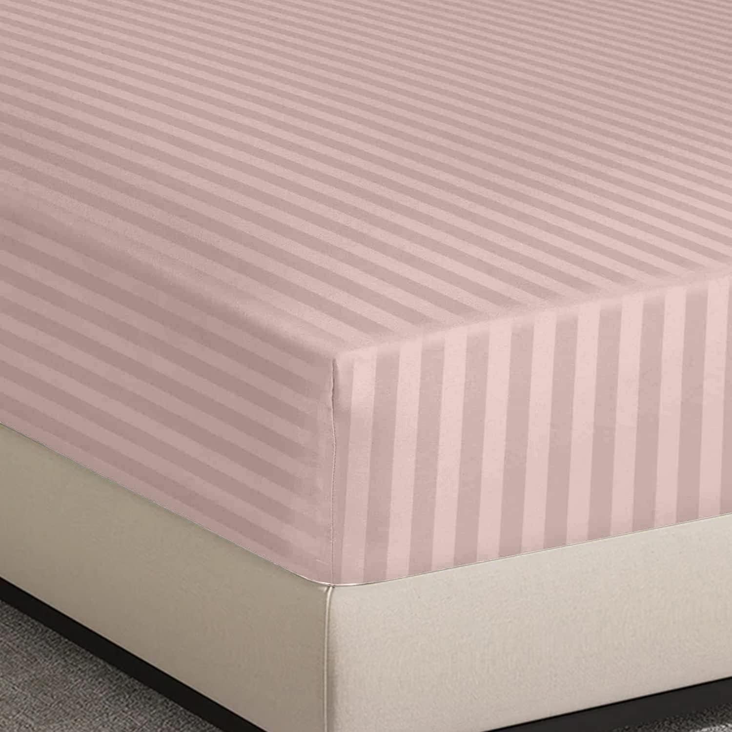 Hafaa Fitted Sheet Pink Super king 40cm Soft Brushed Microfiber with Satin Stripes Fade Resistant Easy Care Breathable Bed Sheets (183 X 200)