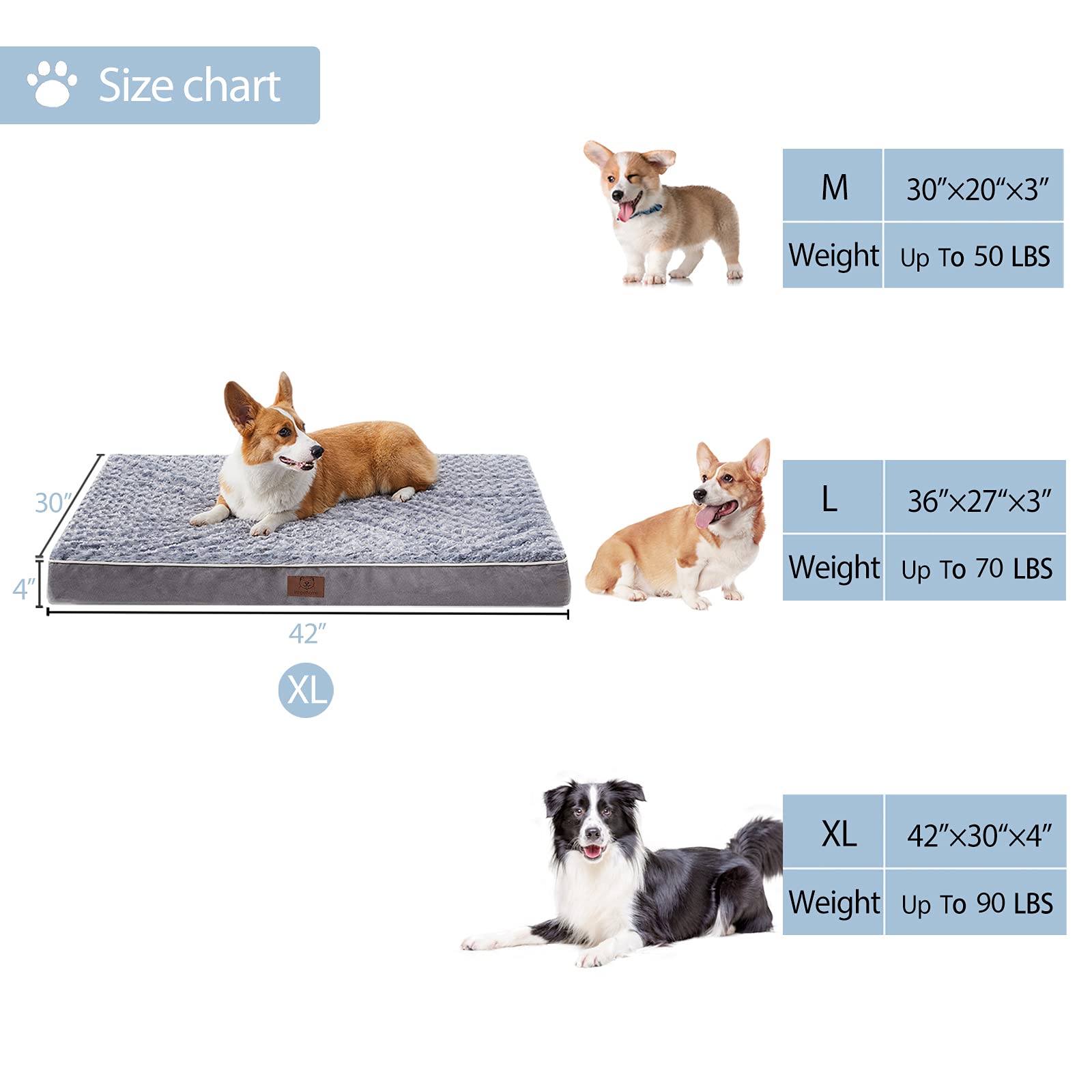 WNPETHOME Orthopedic X Large Dog Bed, Dog Bed for Large Dogs with Egg Foam Crate Pet Bed with Soft Rose Plush Waterproof Dog Bed Cover Washable Removable??êXL Dog Bed 42 x 30 x 4 inch Grey??ë
