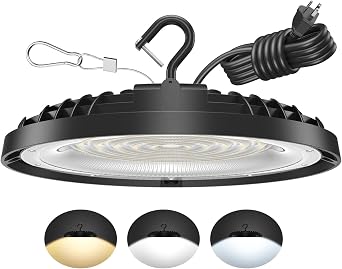 150W UFO LED High Bay Light, Adjustable Wattage & 6500K-3500K Temperature | Adjustable 150W/110W/75W, 3-Color Temperature 6500K/5000K/3500K, 120VAC, LED Shop Lights Fixture for Warehouse Garage