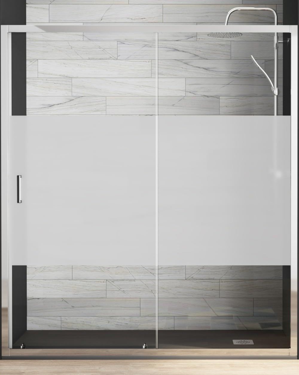 Mampara de Ducha Frontal Corredera 1 Puerta 1 Fijo | Vidrio Templado 5mm Antical Altura 190cm Serigrafía | Perfil Cromo Brillo 110cm (Adaptable 108-112cm)