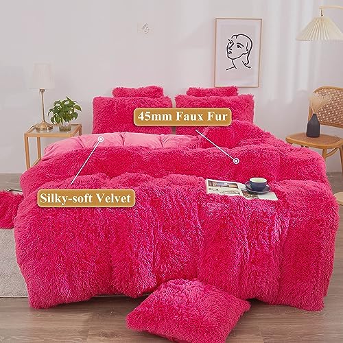 Image of XeGe Plush Faux Fur Duvet Cover Queen Size, Luxury Shaggy Fluffy Hot Pink Comforter Cover 1 PC, Soft Furry Fuzzy Velvet Bedding with Zipper Closure for Bedroom (Queen, Hot Pink)