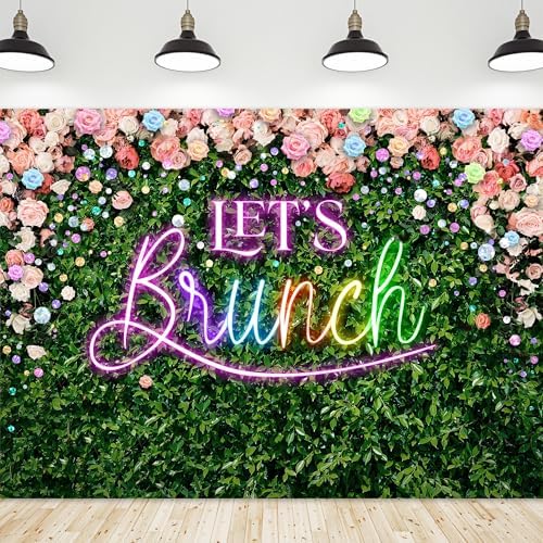 Riyidecor Green Leaves Let's Brunch Backdrop Polyester Fabric Neon Pink Rainbow Floral 7Wx5H Feet Greenery Photography Background Grass Lawn Women Brunch Party Photo Studio Shoot