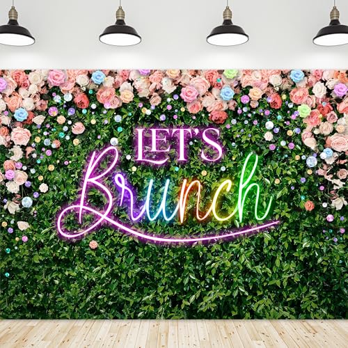 Riyidecor Green Leaves Let's Brunch Backdrop Polyester Fabric Neon Pink Rainbow Floral 7Wx5H Feet Greenery Photography Background Grass Lawn Women Brunch Party Photo Studio Shoot