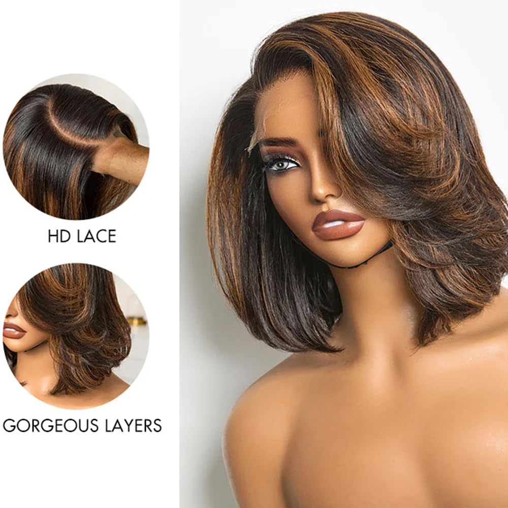 Short Bob Brazilian Hair Soft Glueless Wig Ombre Medium Auburn Color Human Hair Highlight Wigs Pre Plucked 150% Density 13x4 Transparent HD Lace Front Wigs with Bleached Knots for Women 8 Inch