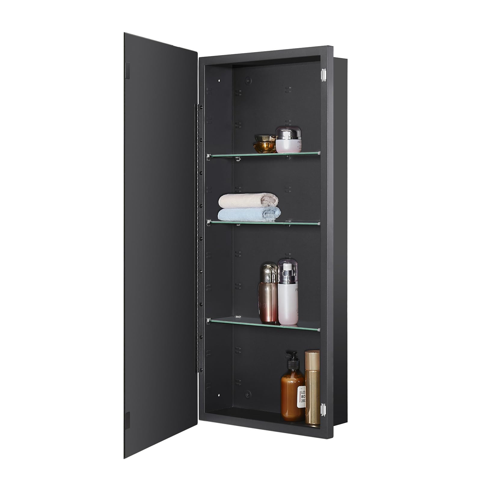IDYLLOR Black Bathroom Medicine Cabinet with Beveled Edge Mirrored Door 16 x 36 inch, Recessed or Surface Mount, with Adjustable Glass Shelves