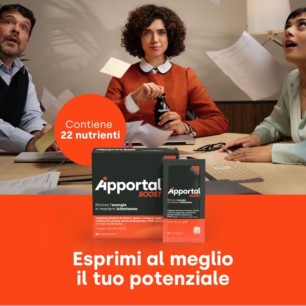 Apportal Boost, Integratore alimentare con Taurina, Ginseng e Vitamina B12, Sostegno mirato al benessere di mente e corpo nei periodi di maggiore impegno, Senza caffeina, 14+14 bustine