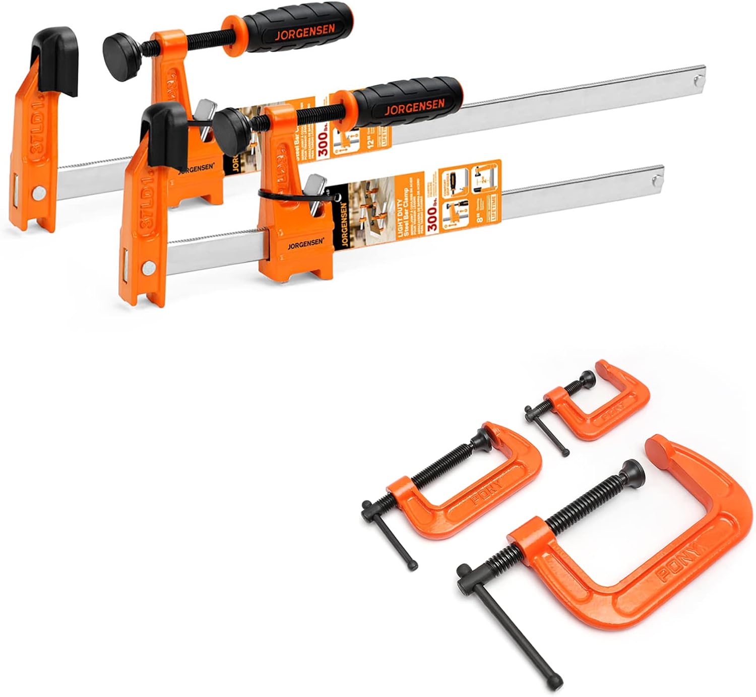 Pony Jorgensen 5-Piece Clamp Set, 2-Piece Bar Clamps (8"&12"), 3-Piece (1", 2", 3")