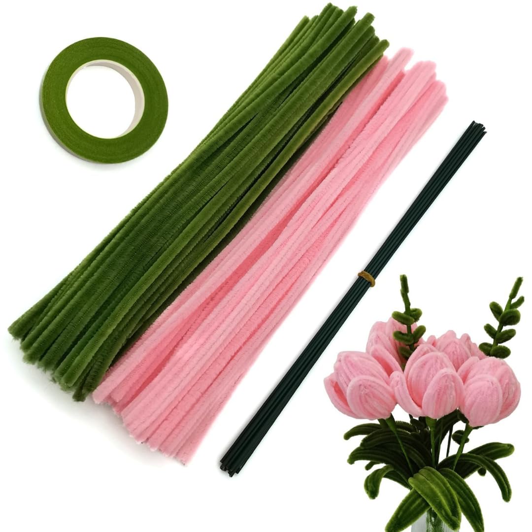 Pipe Cleaner Craft Kit 100 Pieces Chenille Stems 50 Green 50 Pink stems floral Tape for DIY Crafts Flower Making Kit Art and Craft Supplies for Kids Adults School Projects Decoration Handmade Crafts Supplies-image-12