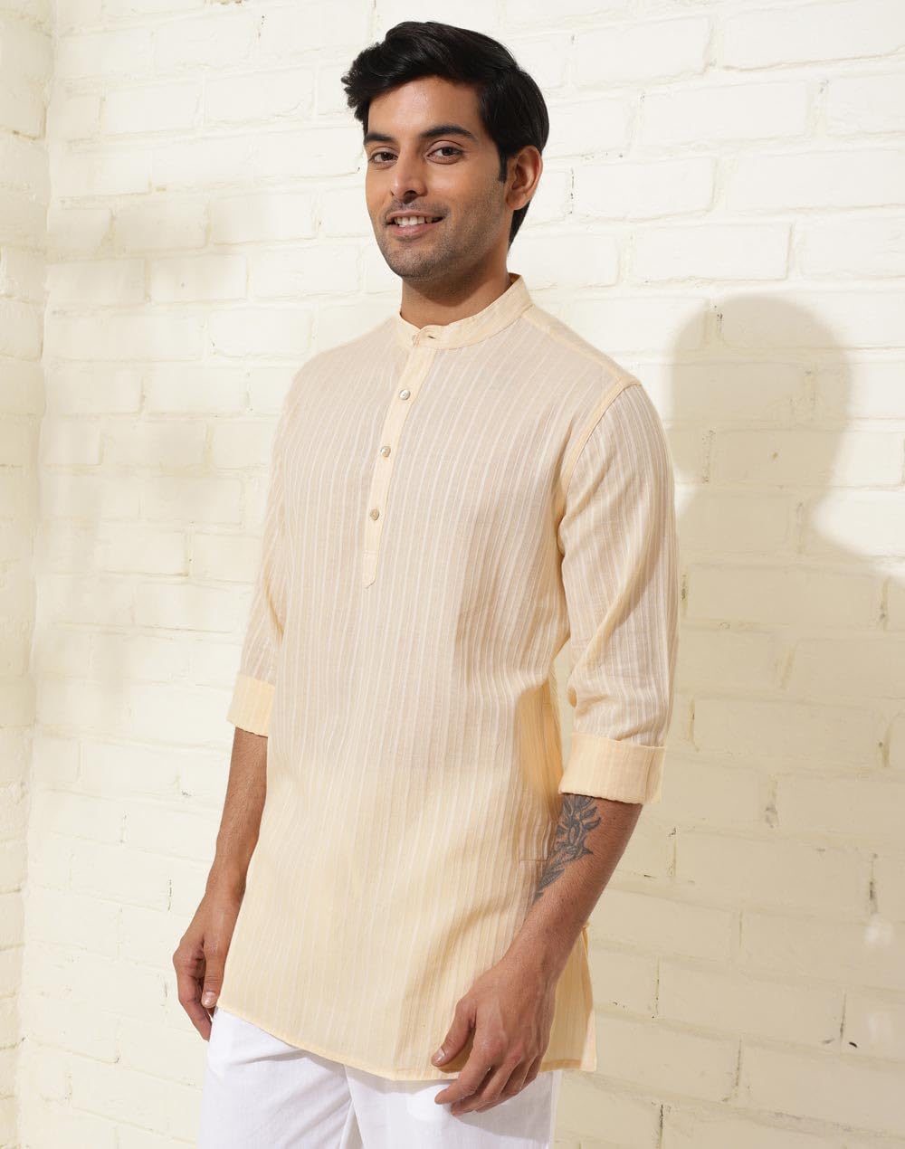 Fabindia Men's Cotton Woven Regular Kurta (1037128Lightyellow_Yellow