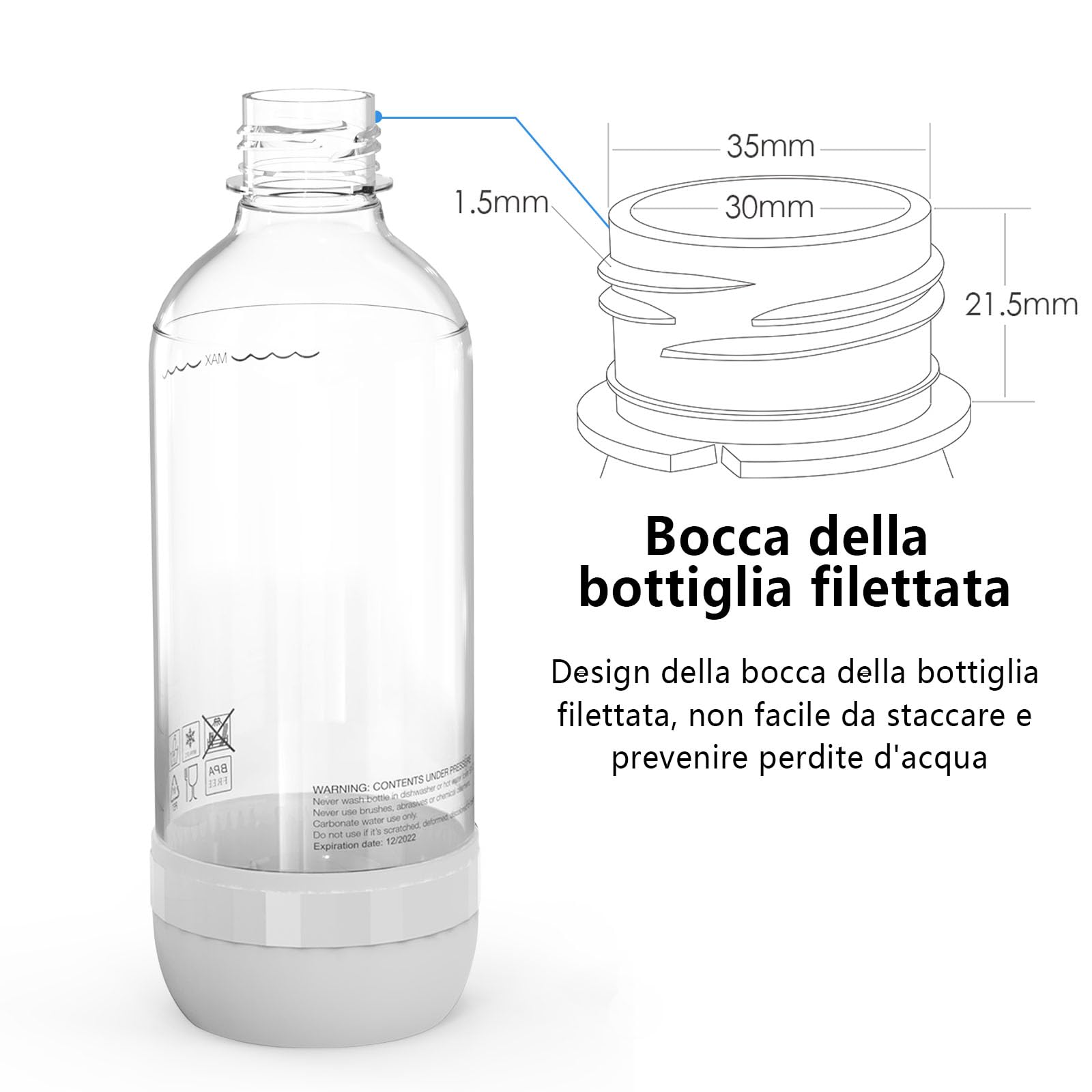 Bottiglia per soda, adatta per acqua gassata e acqua frizzante, senza BPA, riutilizzabile e riempita in plastica PET per uso alimentare (confezione da 2, 1 litro), Z-1B1L