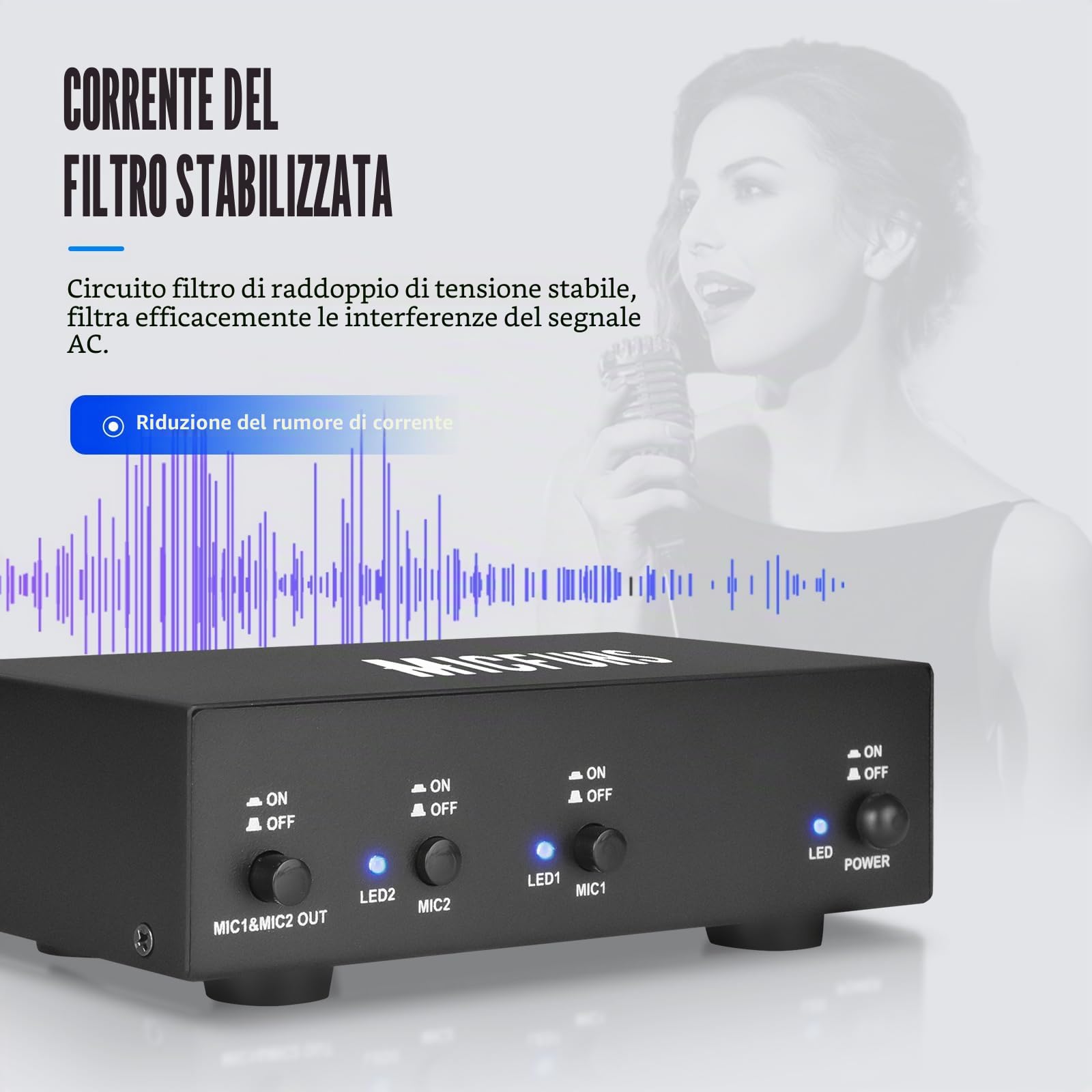 MC2 2 canali 48 V alimentazione phantom con cavo audio da 3,5 mm per il collegamento dell'interfaccia audio per microfono a condensatore, dispositivi di registrazione musicali (2 canali)