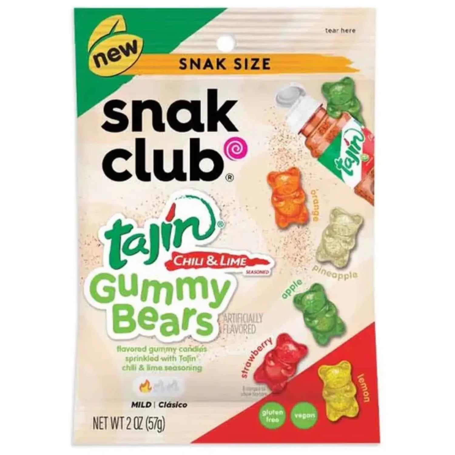 Tajin Snak Club Gummy Bears, Assorted Fruit Candy Gummies with Chili and Lime Seasoning, Mild, Gluten-Free and Vegan Snacks, 2 oz Snack Bags, 57g (Imported USA)