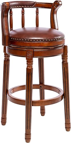 AULIFE Taburetes de bar de madera de cuero con parte superior de vaca silla de bar giratoria con respaldo para encimera de cocina en casa silla