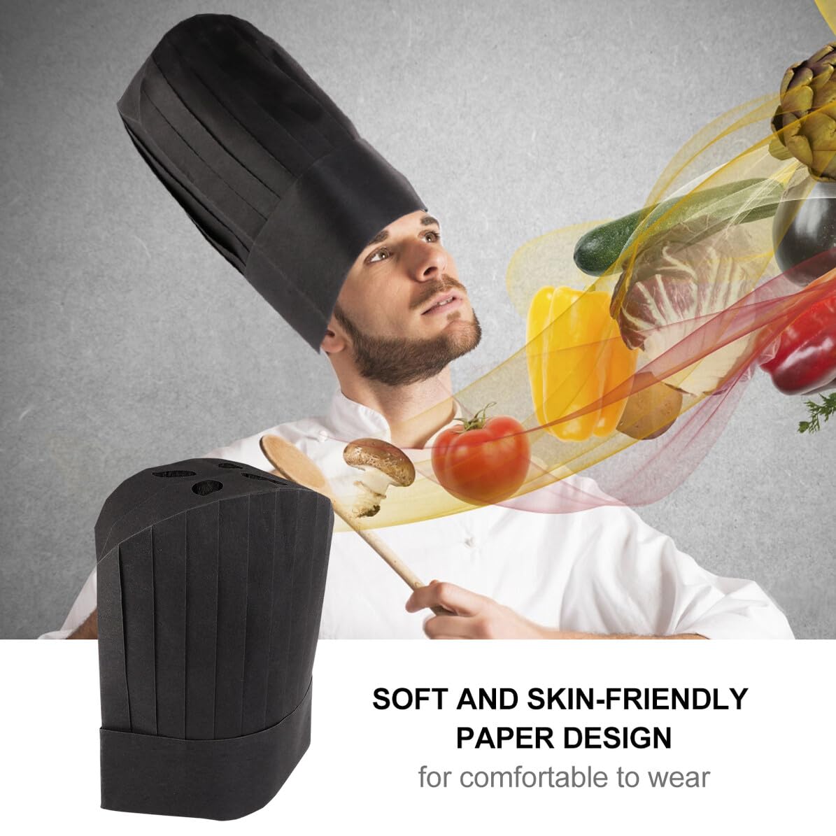 Abaodam Gorro de Chef Desechable de Papel Negro, 12 Pulgadas Alto, Cómodo y Respetuoso Piel, Adecuado para Cocina y Escuelas de Catering, Paquete de 20 Unidades