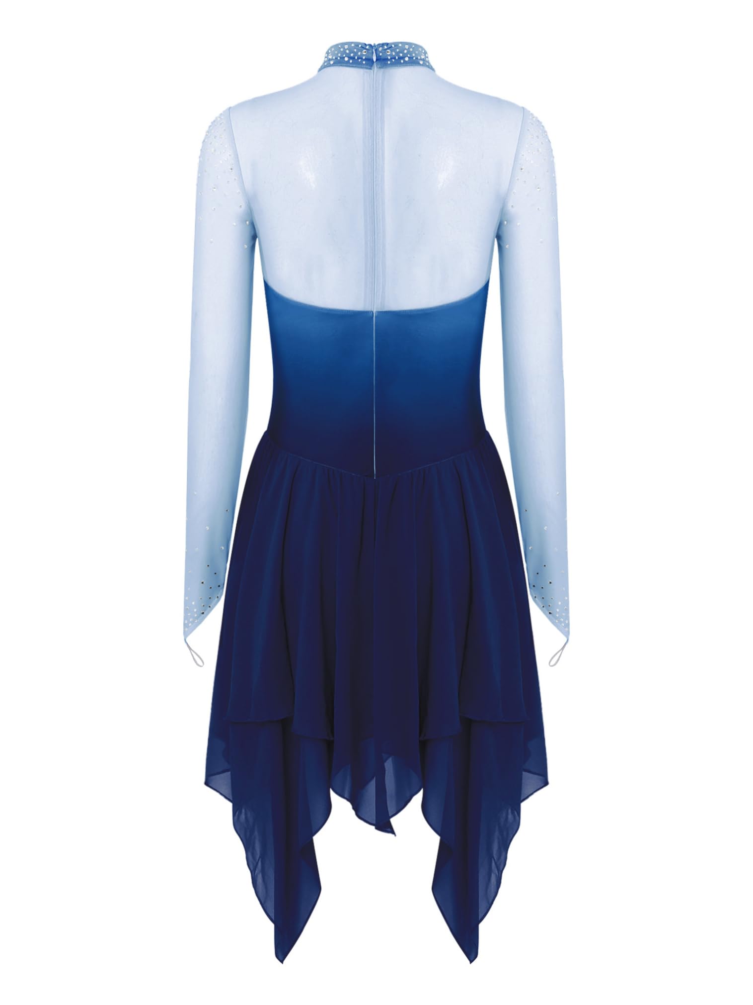 FEESHOW Damen Lyrisch Tanzkleid Langarm Farbverlauf Salsa Walzer Kleid Unregelmäßiger Saum Ballroom Tanzkostüme