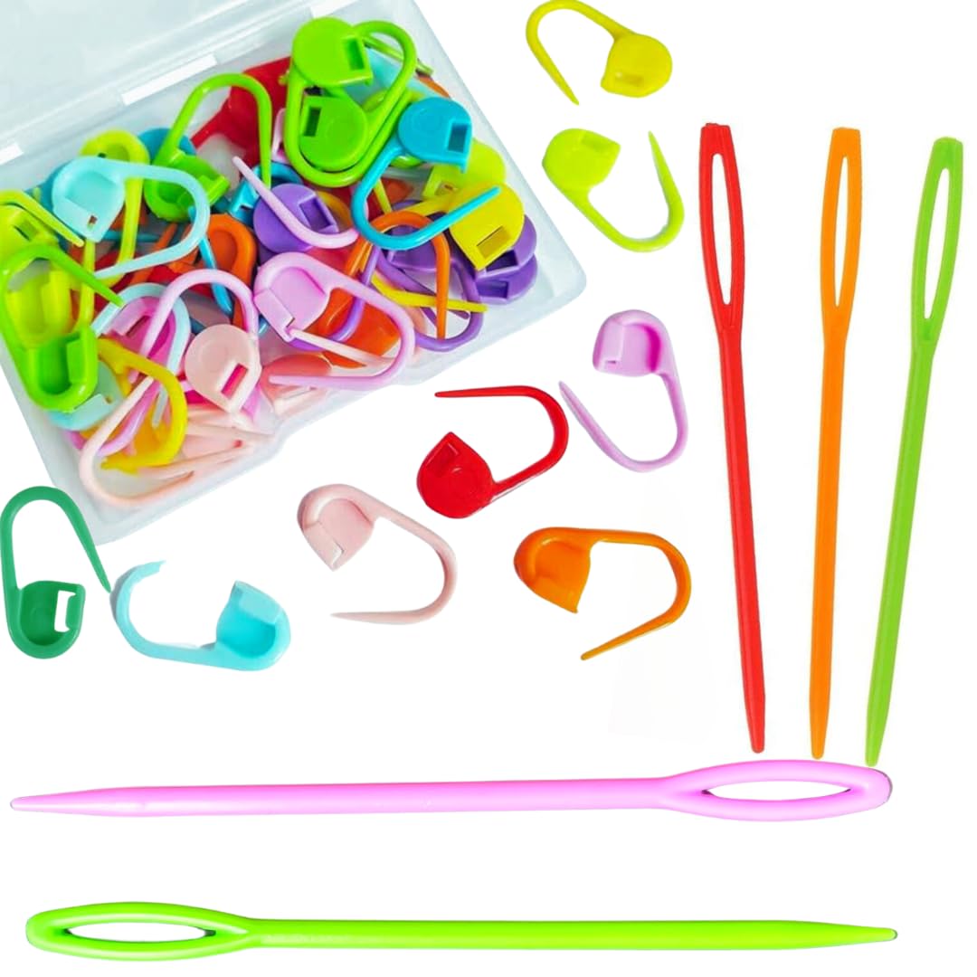 Artonezt Plastic Locking Knitting Crochet Stitch Markers Counter Crochet Stitch Needle Clip (50 Pcs) + Large Eye Plastic Sewing Yarn Cross Wool Weave Stitch Crochet Needles (3 Pcs Small & 2 Pcs Big)-image-26