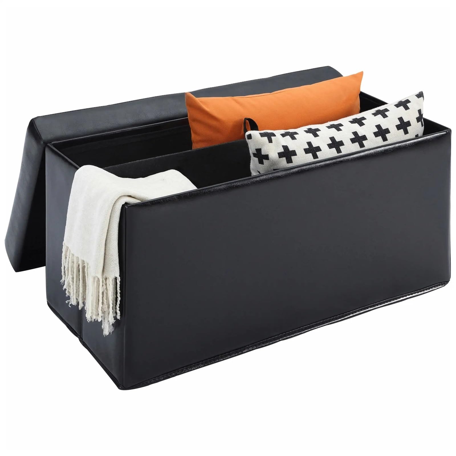 Taburete de Almacenamiento Plegable de 30 Pulgadas, Banco de Cuero sintético Negro Acolchado, Taburete otomano con reposapiés for Entrada al Dormitorio