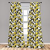 Ambesonne Yellow and White Curtains, Geometric Design with Triangles Squares and Houndstooh...
