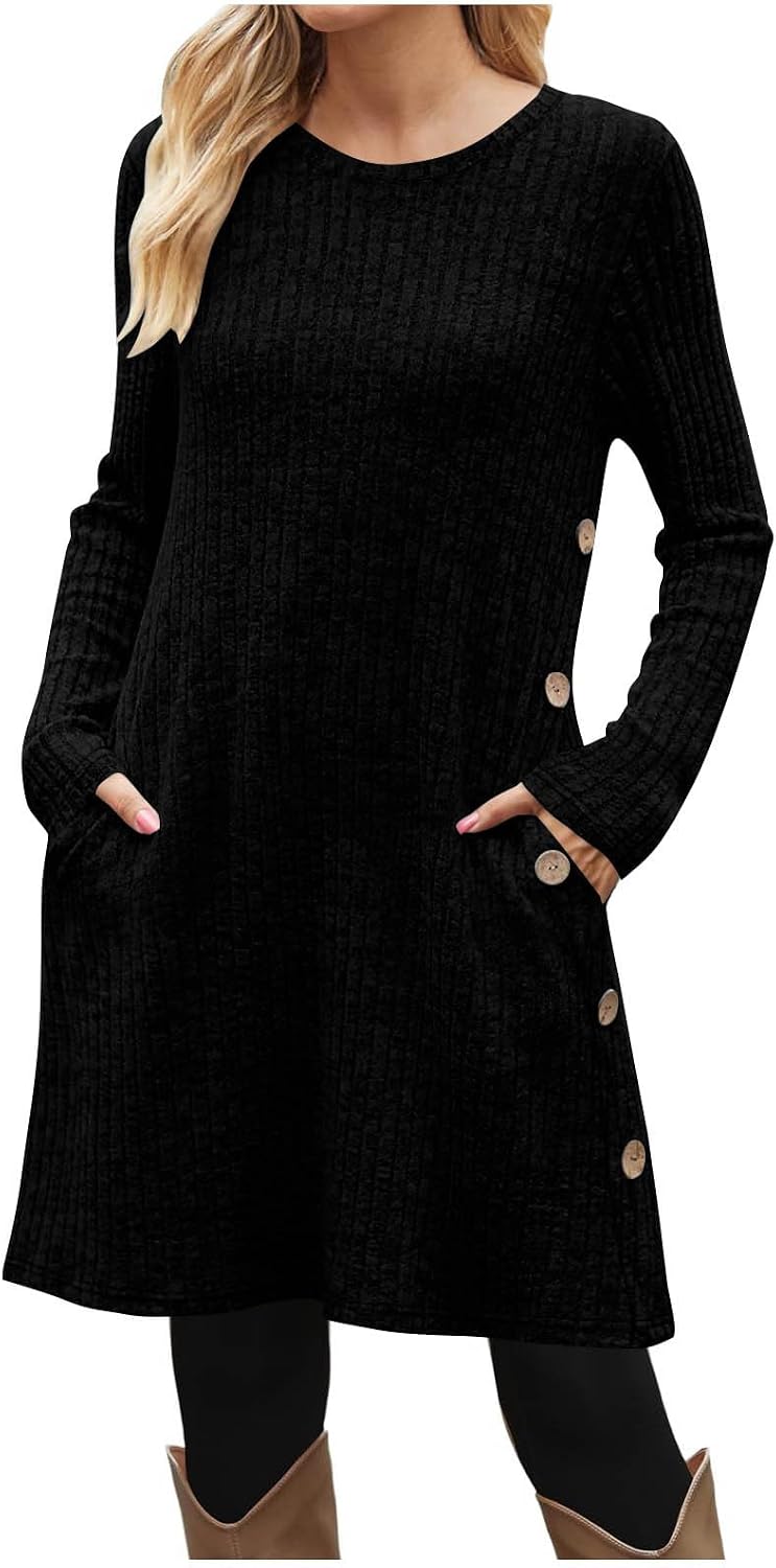 Women Long Sleeve Mini Dresses Round Neck Ribbed Knit Casual Fall Flowy Solid Color Tunic Sweater Dress with Pocket