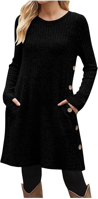Sweater Dresses for Women 2025 Fall Casual Long Sleeve Ribbed Knit Dresses Crewneck Flowy Dress with Pockets