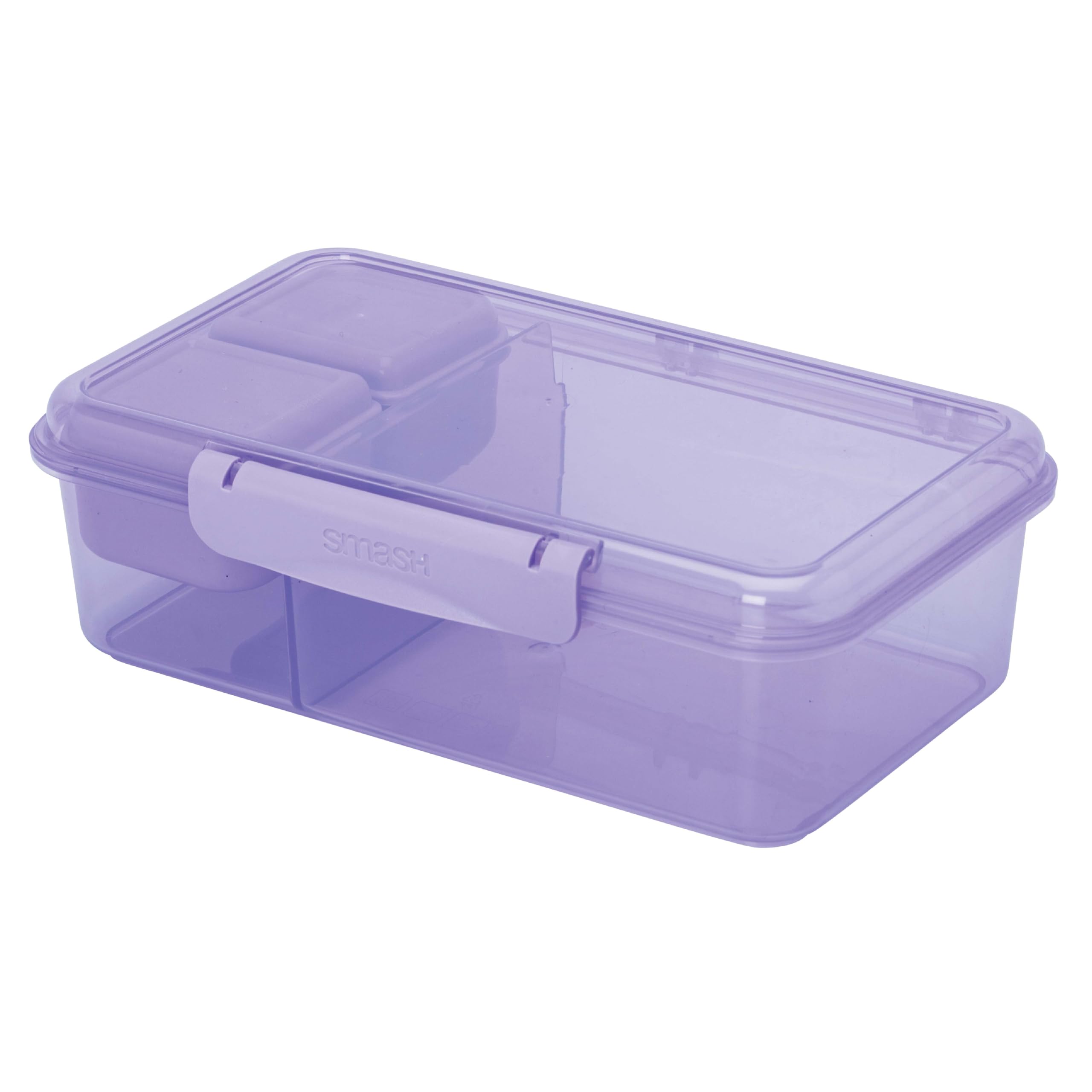 Smash 2.1L Divided Bento Lunch Box with 2 Snack Boxes | Airtight Silicone Seal & Secure Clips | Leakproof Food Storage for School, Work & Travel, Purple