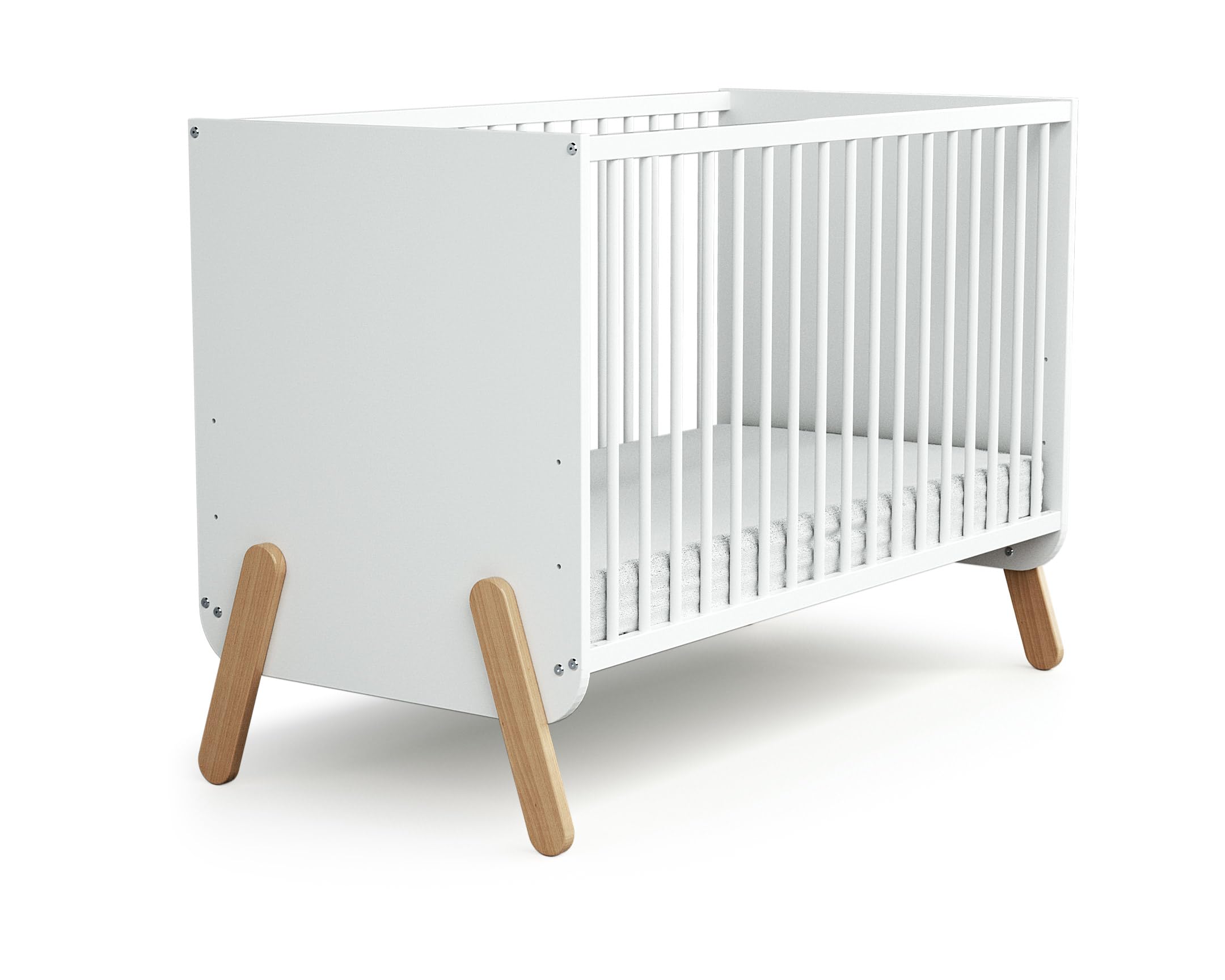 AT4 - Chambre PIRATE Blanc et Hêtre Verni | Lit bébé 60x120 | Armoire 6 étagères dont 4 réglables et une penderie | Plan à langer inclus