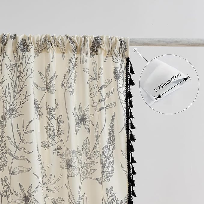 Image of Black Floral Curtains 84 Inches Long, Boho Farmhouse Light Filtering Rod Pocket Drapes with Tassel Trim for Bedroom Living Room, 2 Panels