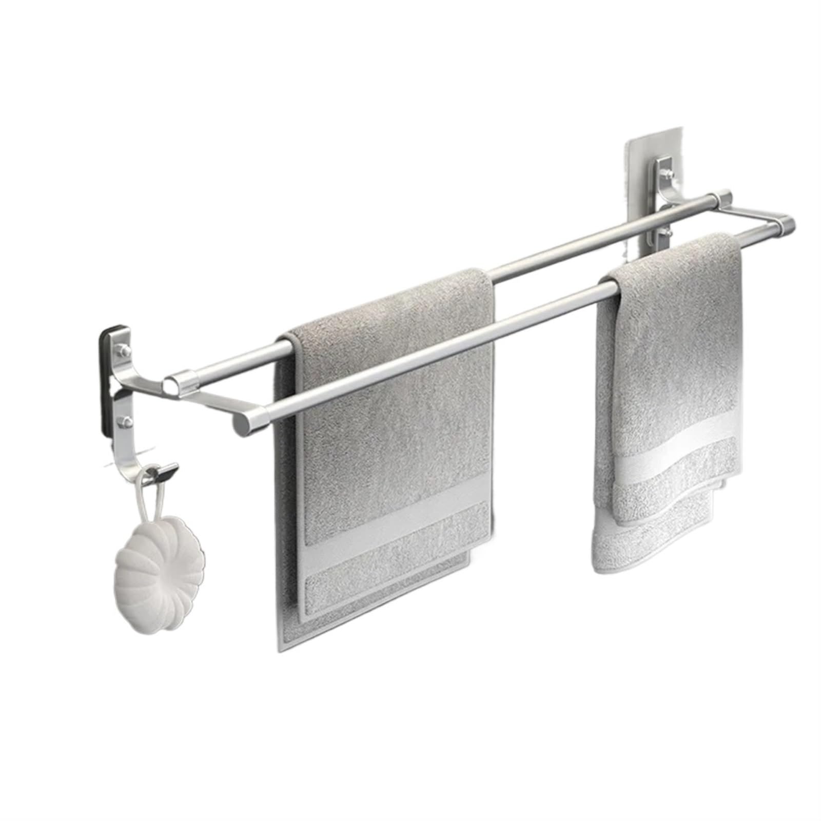 Self Adhesive Towel Rail Towel Racks Without Holes Space Aluminum Hanging Rack Suction Cup Toilet Wall Mounted Bathroom Double Rod Bar(Silver-60cm)