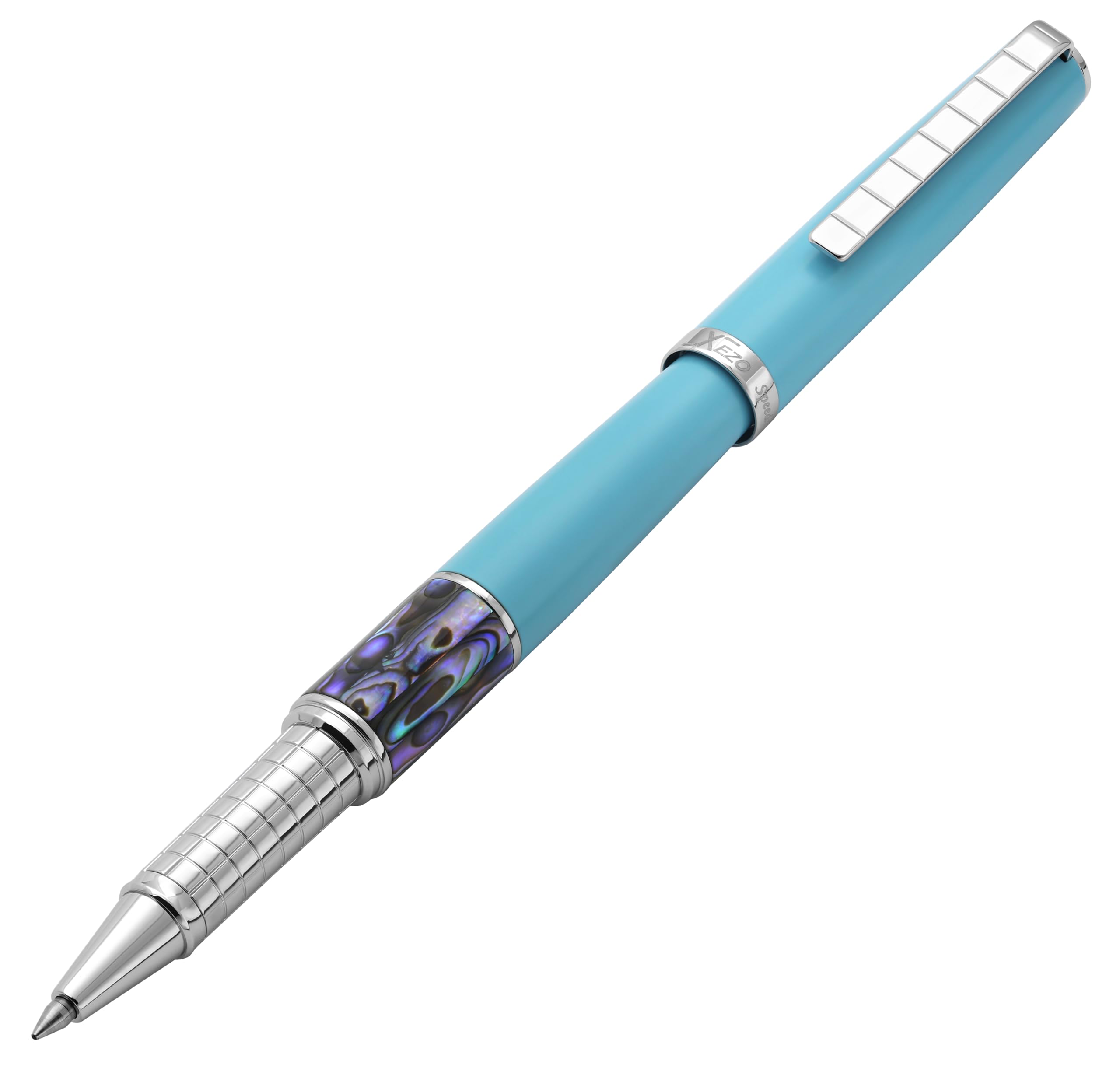 Xezo Speed Master Tintenroller Fine | Himmelblau matt mit Pāua Abalone Muschel | Verchromt | Leichter Messingkörper | Jedes Unikat