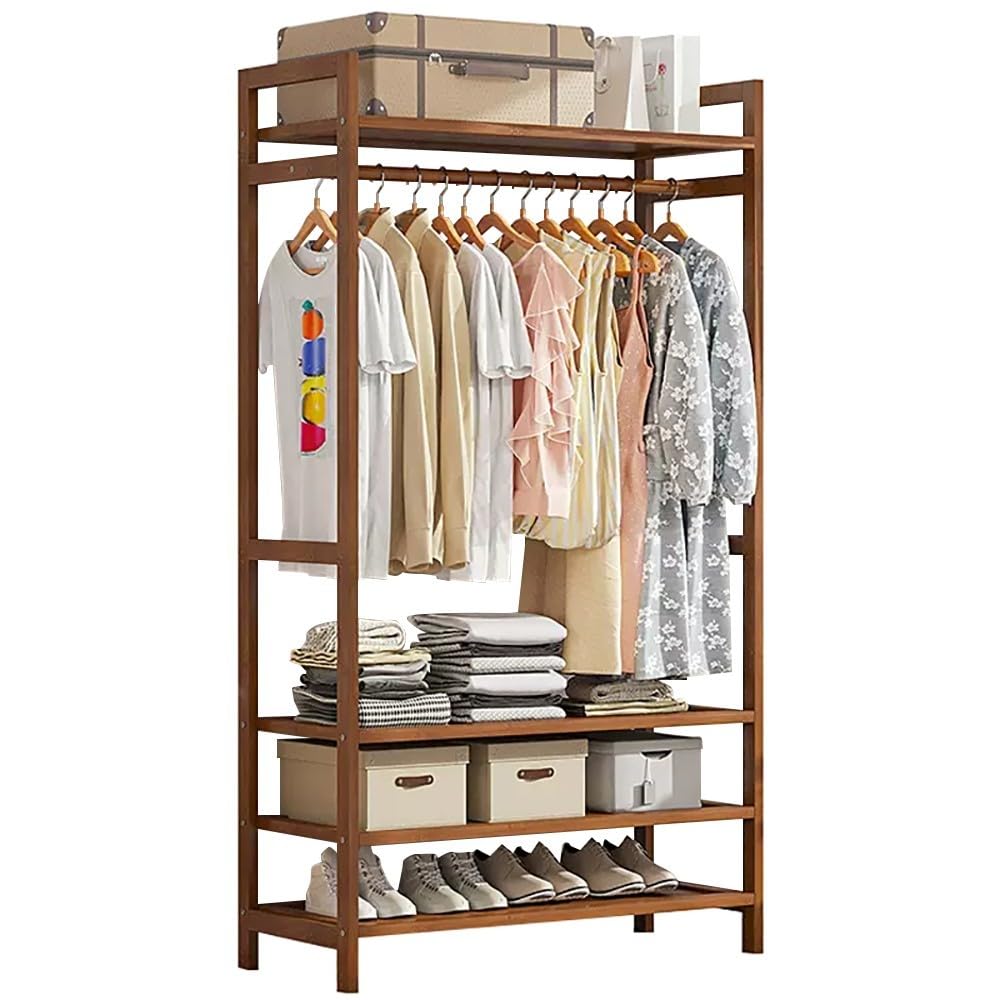FGXHHS Stylish Bamboo Clothes Rack with Hanging Rod, 2 Shelves & Hooks - Natural Wood Open Wardrobe for Bedroom, Hallway Entryway Versatile Garment Storage Solution, Eco-Friendly Design