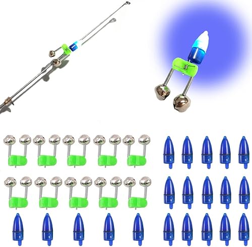 Campanas de pesca con luces, 20 unidades, luces LED de pesca nocturna, 10 unidades, campana de alarma de cebo de caña de pescar