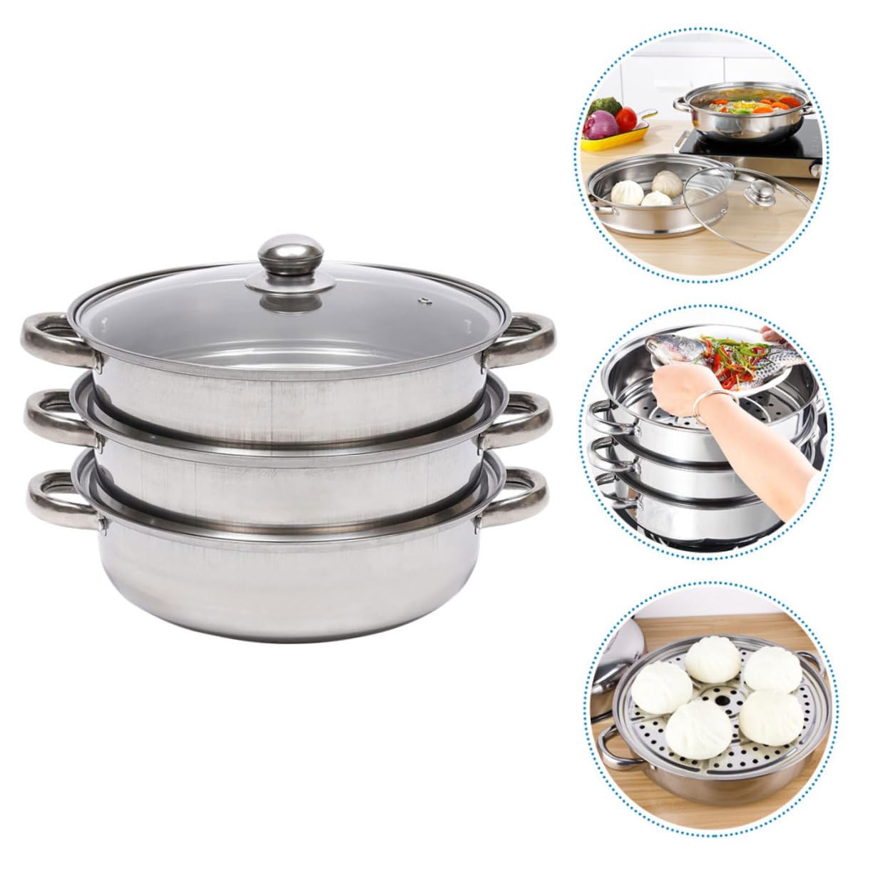 Alipis Olla Vaporera Utensilio de Cocina Multiuso Diseño Multicapa de 28 Cm de Acero Inoxidable y Tapa de Vidrio Adecuado para Cocinar al Vapor Verduras y Panecillos