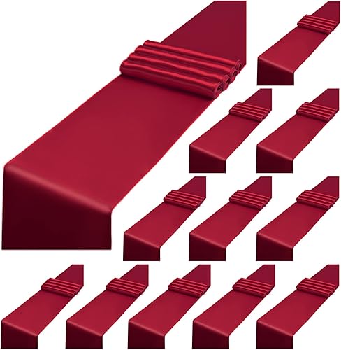 Paquete de 12 caminos de mesa de satén burdeos, 12 x 108 pulgadas de largo, suave de alta calidad para bodas, banquetes, cumpleaños, fiestas,