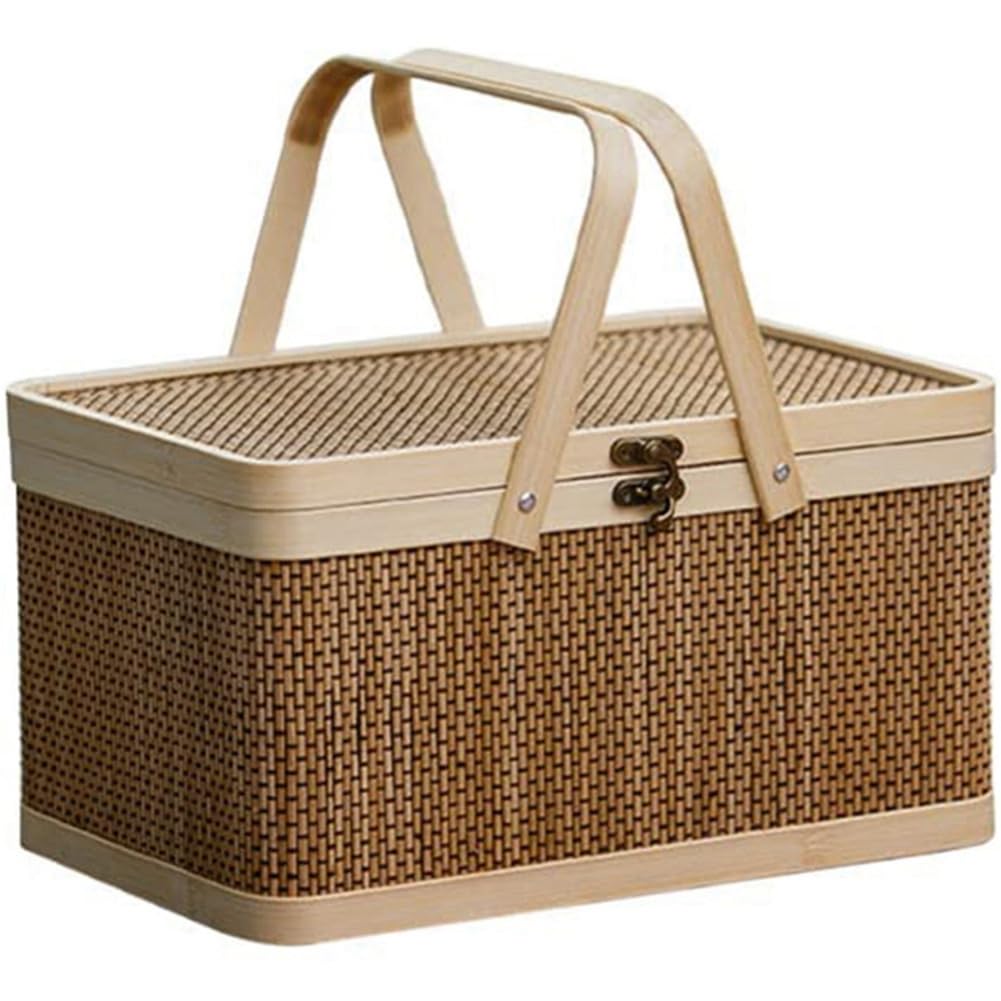 Dojimayisc Brown Bamboo Basket Bamboo Picnic Basket With Lid Handheld Snacks Bread Storage Basket