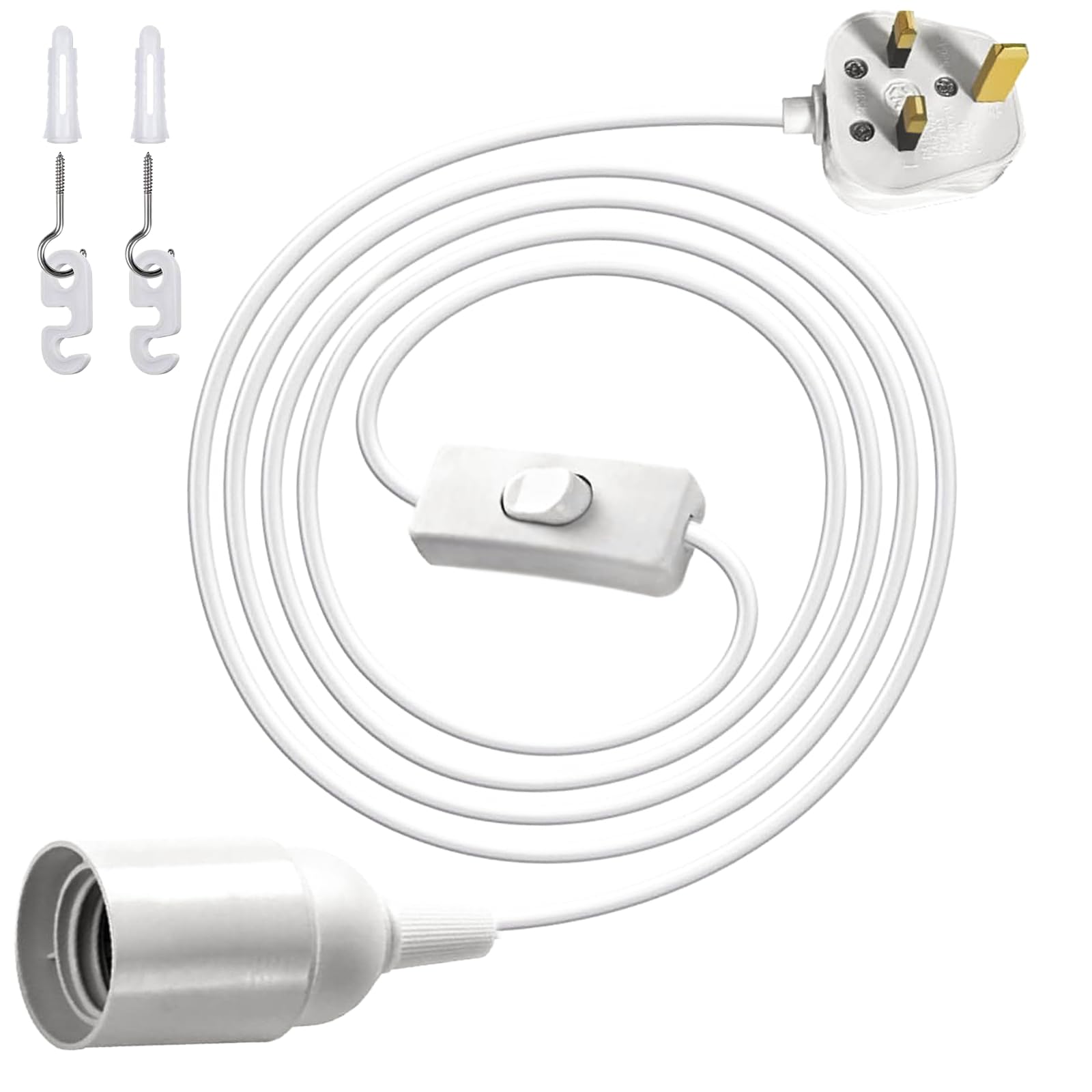 AmiCera E14 Salt Lamp Replacement Plug in Light Fitting, Lamp Cable with Lamp Holder Inline Switch and Plug, 250V 4A Extension Hanging Lamp Standard Pendant Light Cord for Loft Garage, White 1.8M