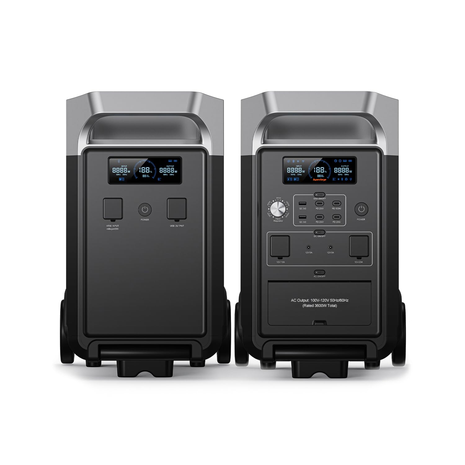 FOSSIBOT F3600 Pro - Central eléctrica doméstica de 7,68 kWh/3600 W con1 batería de respaldo FB3840, generador solar portátil con asa y ruedas para el hogar, la autocaravana y emergencias.