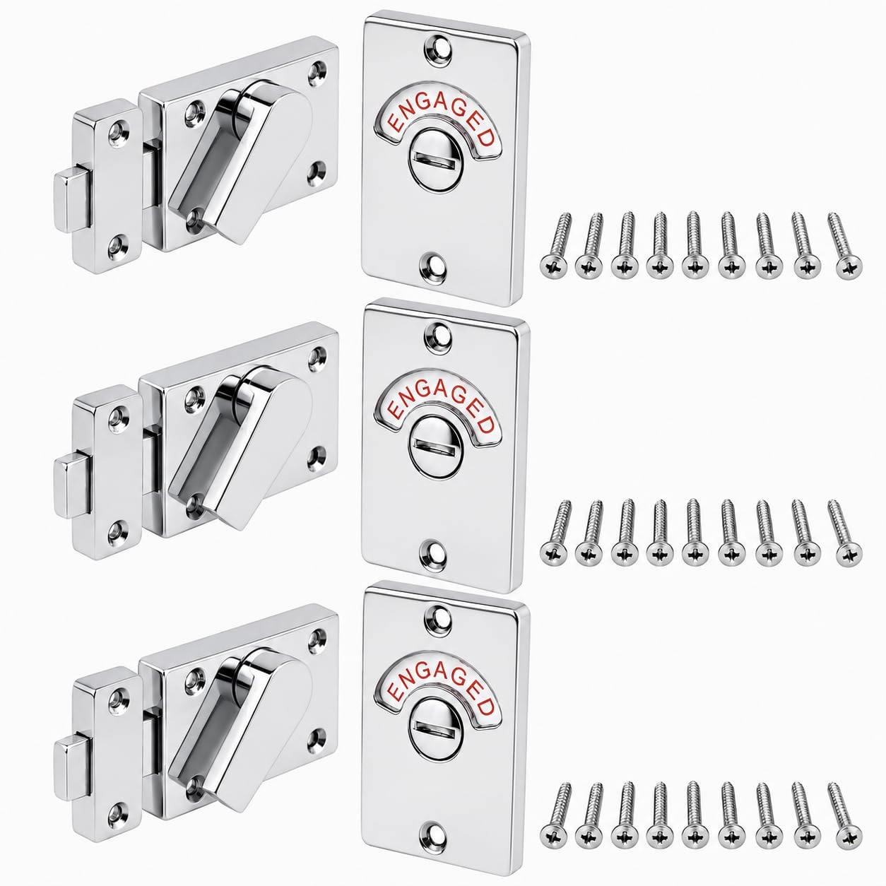 HANDLEZONE® Toilet Indicator Bolts, Vacant Engaged Bathroom Privacy Door Locks for Toilet Cubicle Doors, 3 Pack – Polished Chrome