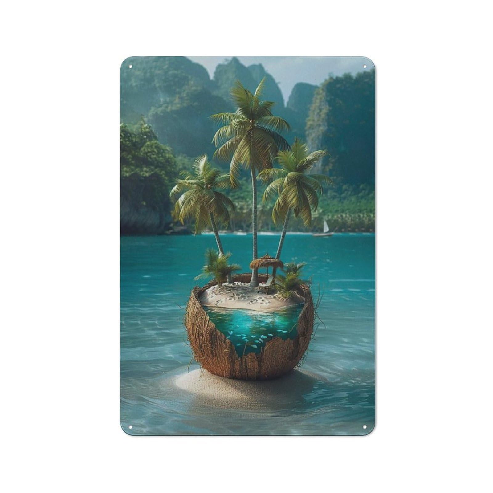 Junmoney Coconut Island Paradise Retro Metal Wall Sign 30X20cm For Guest Room Or Hallway, New-Space Wall Decor For Home Decor Collectors