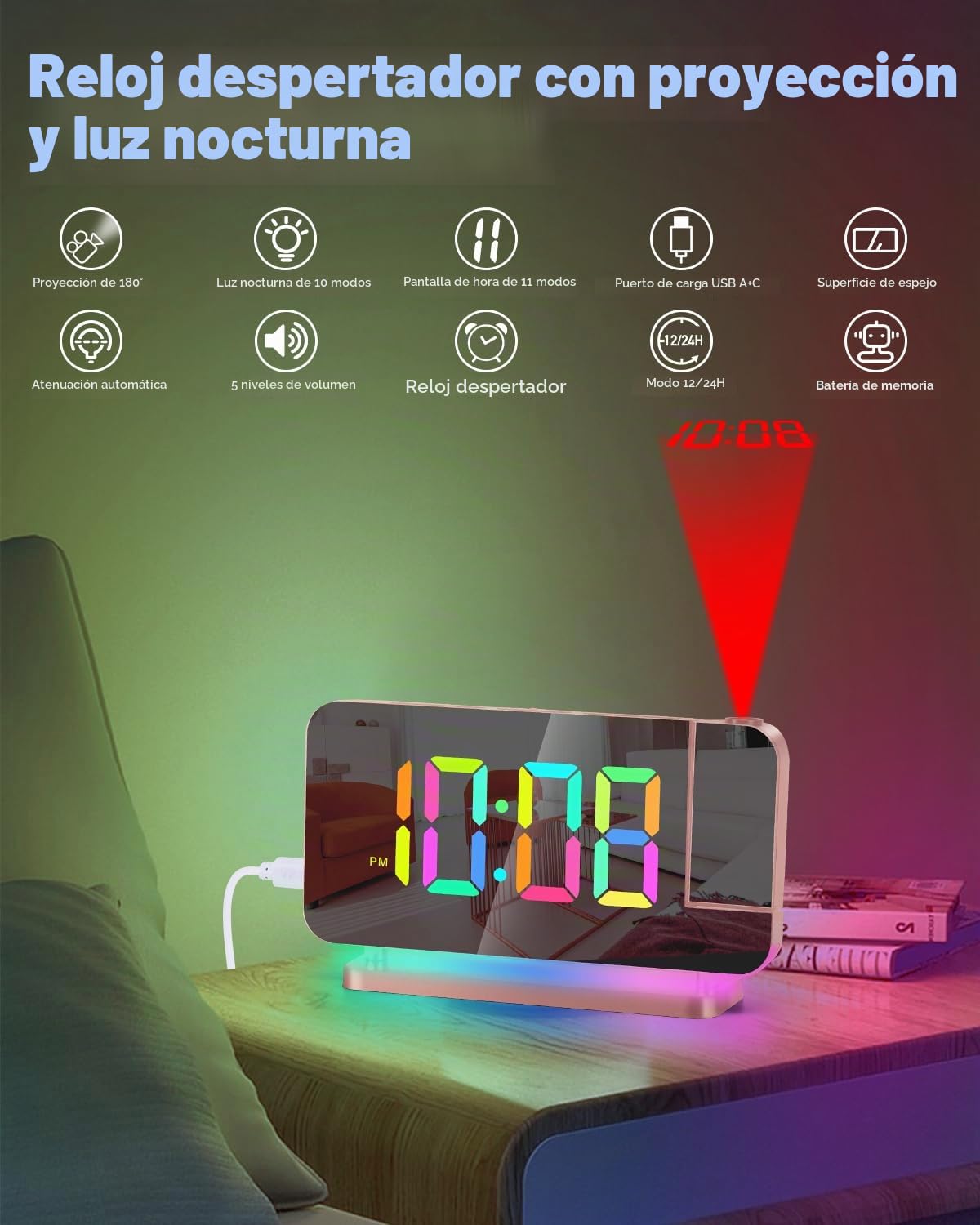 SZELAM Reloj despertador con proyección LED de 7,4 pulgadas, con proyección en la pared del techo, con luz nocturna RGB, puerto de carga USB C, atenuación automática, reloj de escritorio moderno para