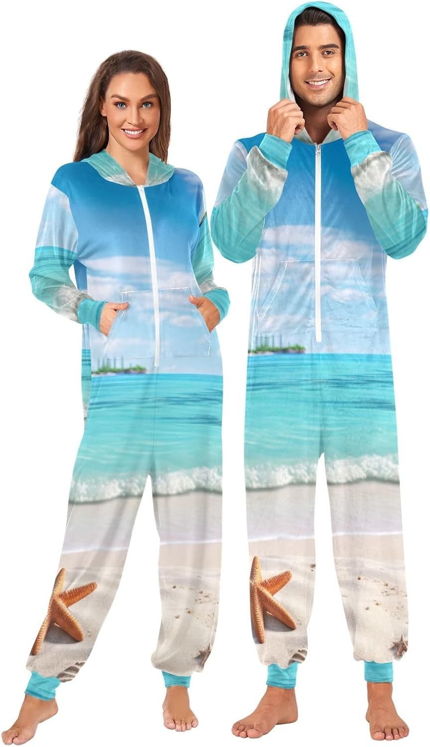 GAIREG Beach Near Palm Starfish Adult Onesie Pajamas Soft Plush One Piece Jumpsuit for Men Women Winter Sleepwear