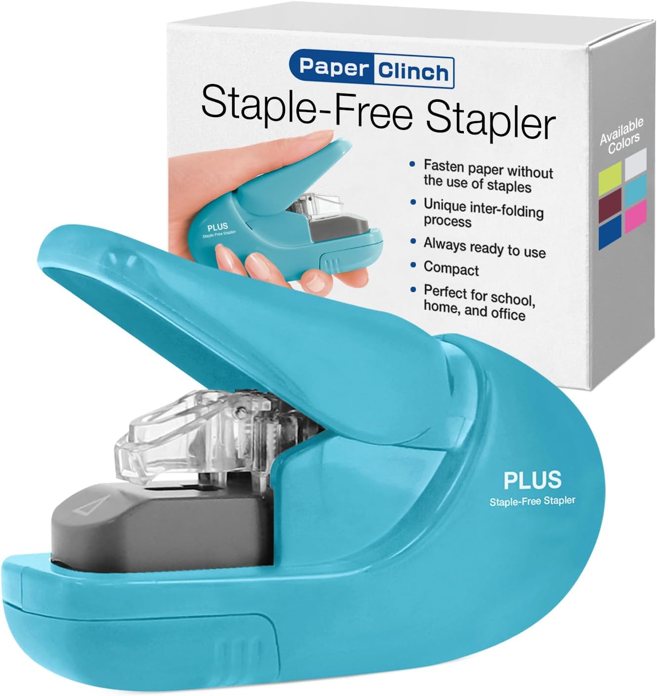 Plus Paper Clinch Compact Staple-Free Stapler, Blue Turquoise Plus Paper Clinch Compact Staple-Free Stapler, Blue Turquoise
