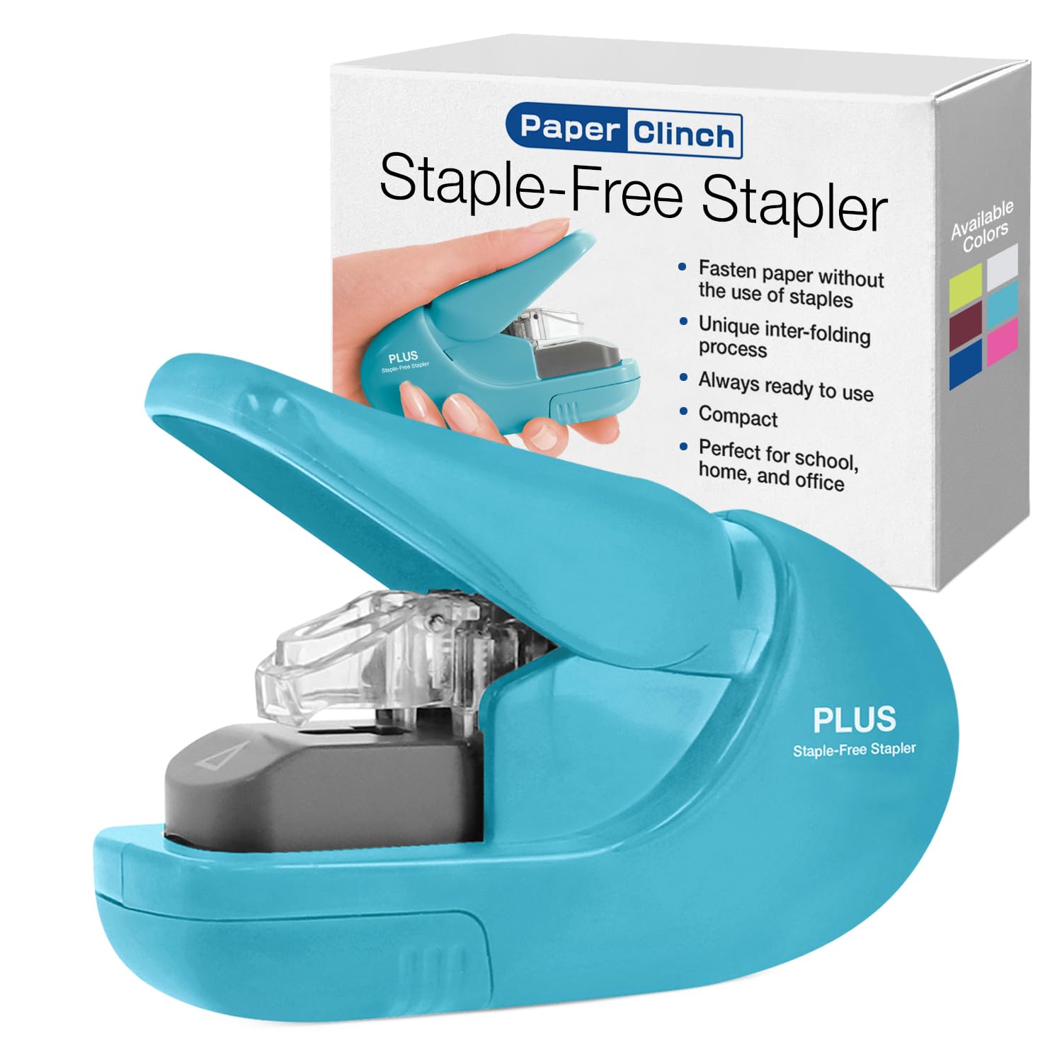 Plus Paper Clinch Compact Staple-Free Stapler, Blue Turquoise