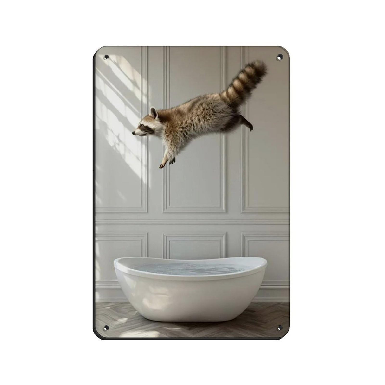 Raccoon Jumping Into Bathtub, Funny Bathroom Art Tin Sign Vintage Metal Pub Club Cafe Bar Home Wall Art Decoration Poster Retro 8x12inch(20x30cm)