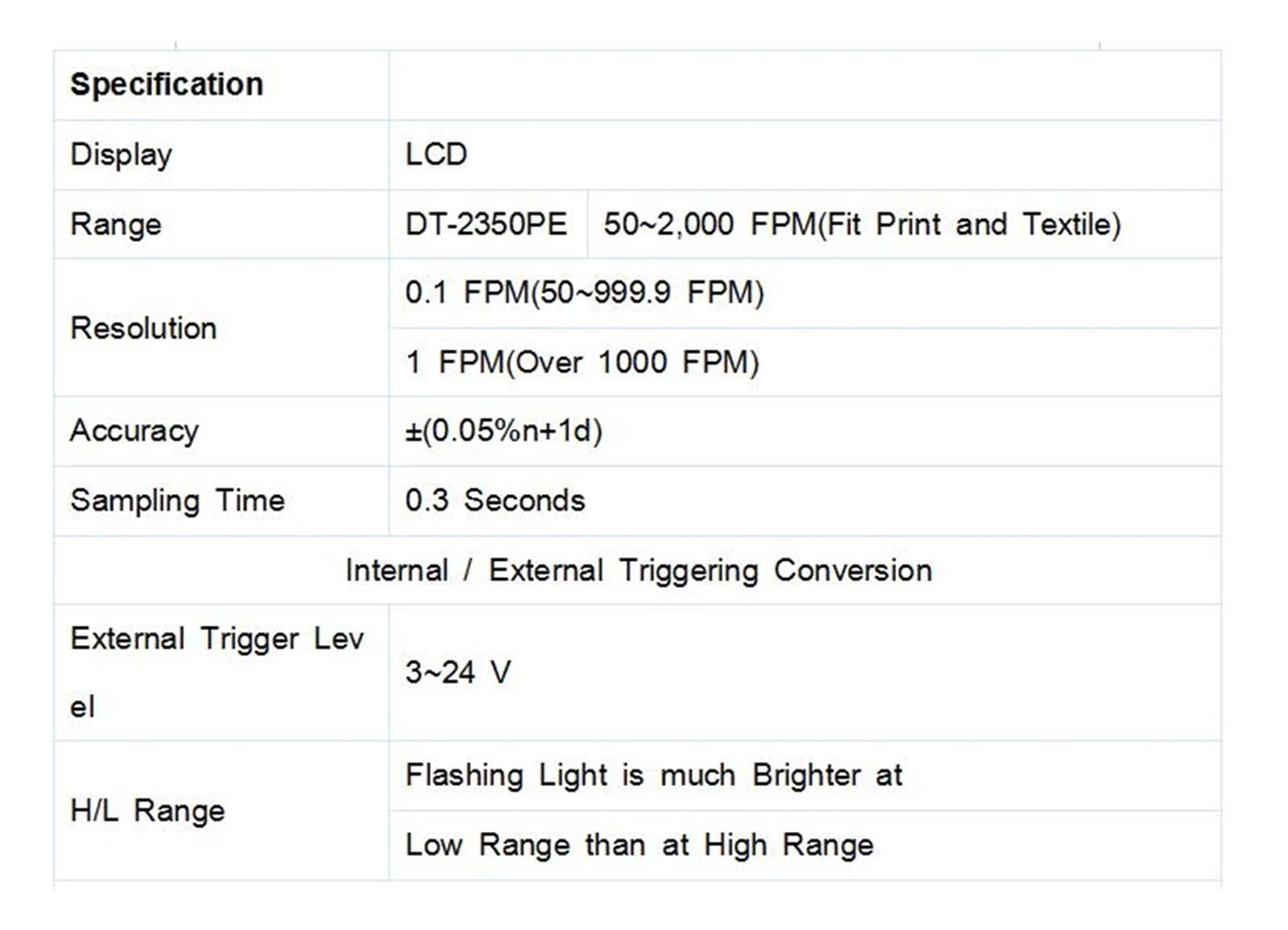 Estroboscopio digital de mano DT-2350PE LED Tacómetro de estroboscópico estroboscópico Flash Fit for impresión y textil estroboscópico Analizador de flash Rango de medición de 50~2,000 Fpm