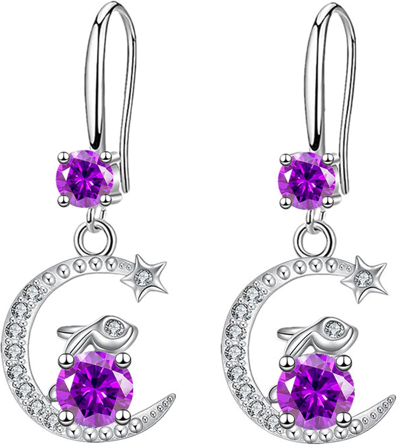 Conejo colgante de orejas Sra. estrellas y pendientes de luna con pendientes de zircon Sra. S925 pendientes de plata hipoalergénica regalo de cumpleaños del día de la madre